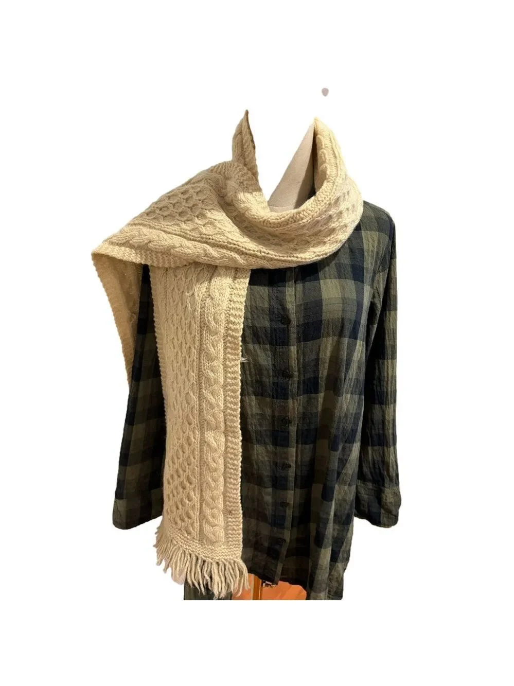 VTG HAND WOOL KNIT HONEY COMB CABLE KNIT CREAM SCARF LAGENLOOK 10”W X 67”L
